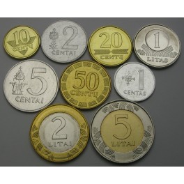 LITVA 1 Centas / 5 Litai 1991/2013  - Lot 9 kovancev - UNC