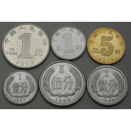 KITAJSKA 1 Fen / 1 Yuan 1985/2013 - Lot 6 kovancev - UNC