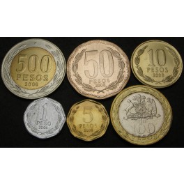 ČILE 1 Peso / 500 Pesos 2006 / 2008 - Lot 6 kovancev - UNC