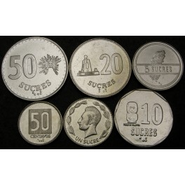 EKVADOR 50 Cetavos / 50 Sucres 1988 / 1991 - Lot 6 kovancev - UNC